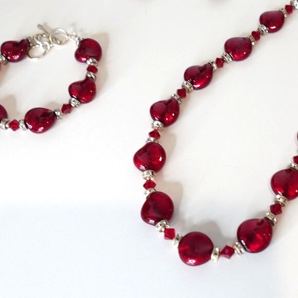 Stunning Ruby Red Necklace Set / Murano Glass/Sterling Silver/ Swarovski Set - Picture 3 of 10